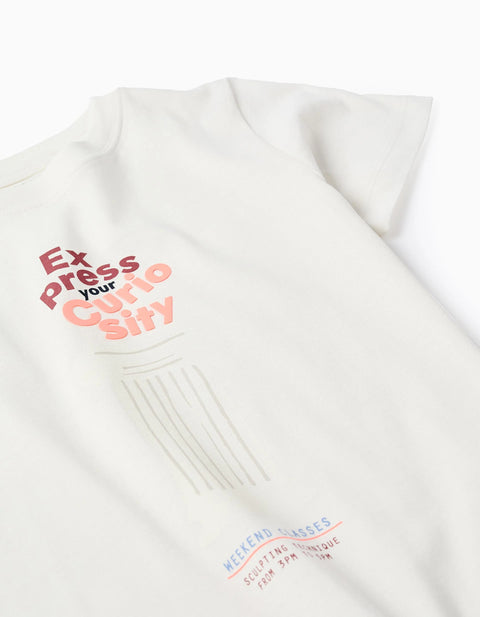 Cotton T-Shirt with Curiosity Front Print for Boys, White