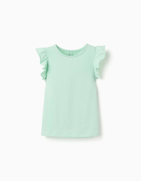 T-Shirt with Ruffled Sleeves and Round Collar for Girls, Light Green