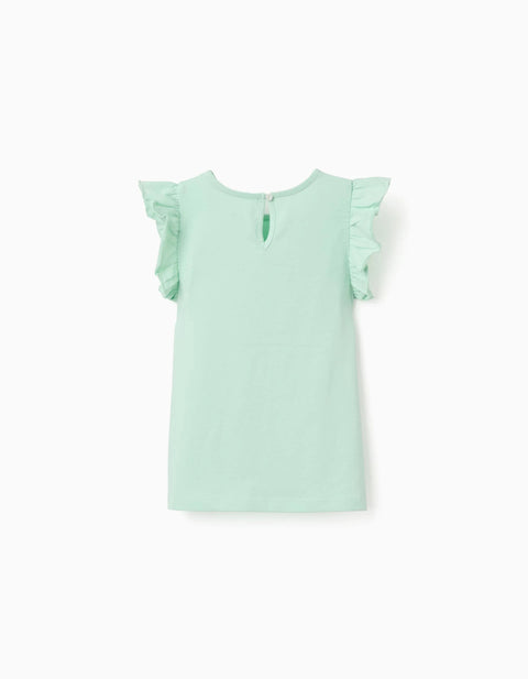 T-Shirt with Ruffled Sleeves and Round Collar for Girls, Light Green