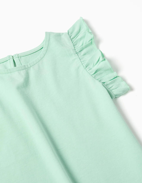 T-Shirt with Ruffled Sleeves and Round Collar for Girls, Light Green