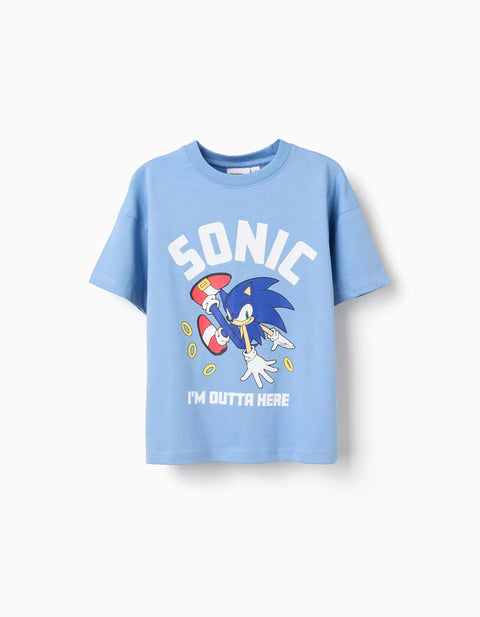 Cotton T-Shirt with Sonic Front Print for Boys, Blue