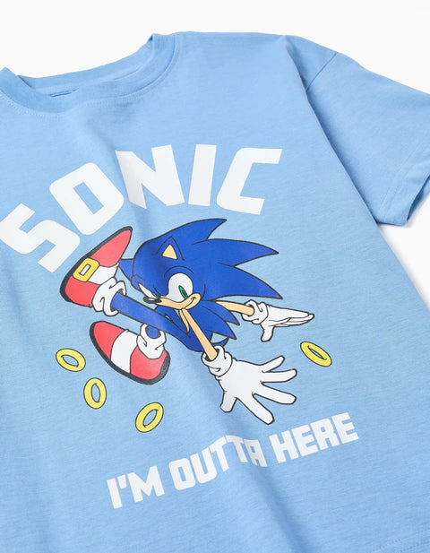 Cotton T-Shirt with Sonic Front Print for Boys, Blue