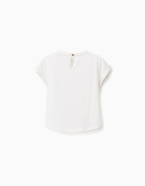Cotton T-shirt with crochet chest print for baby girls, white