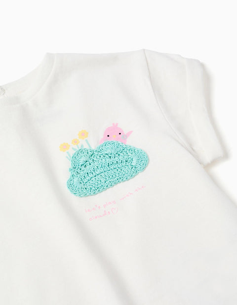 Cotton T-shirt with crochet chest print for baby girls, white