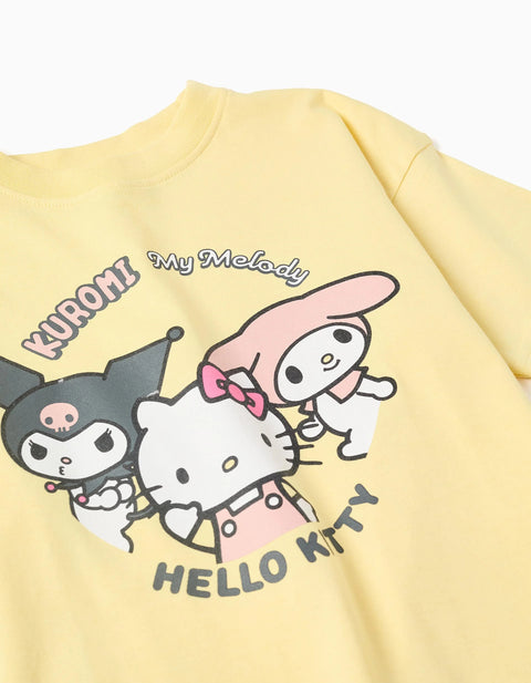 Cotton T-Shirt with Kuromi and Friends Print for Girls, Yellow