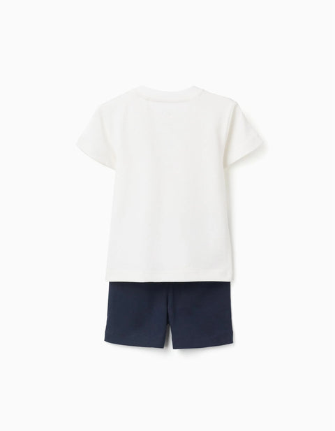 Cotton T-Shirt with Print + Shorts for Baby Boys, White/Dark Blue