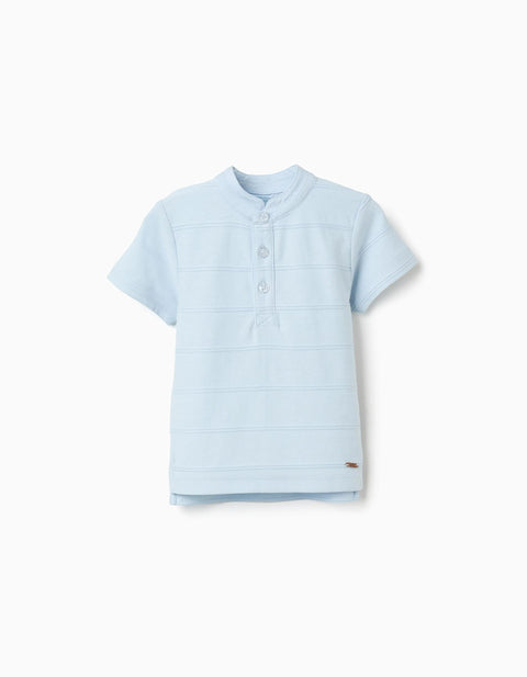Cotton Polo Shirt with Embossed Lines for Baby Boys, Light Blue