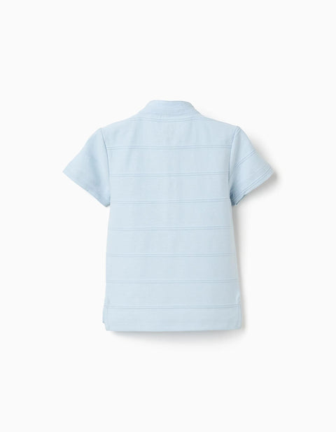 Cotton Polo Shirt with Embossed Lines for Baby Boys, Light Blue