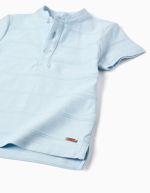 Cotton Polo Shirt with Embossed Lines for Baby Boys, Light Blue