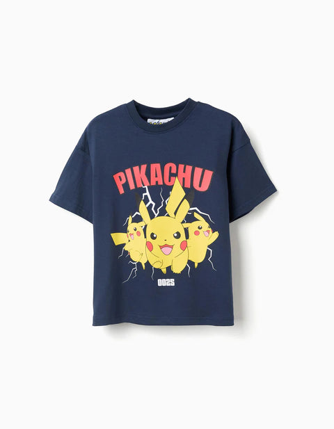 Cotton T-Shirt with Pikachu Front Print for Boys, Dark Blue