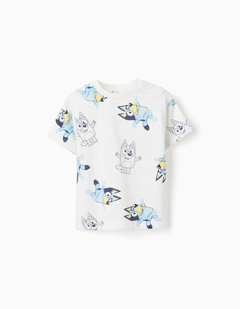Cotton T-Shirt with Bluey Motif for Babies and Children, White