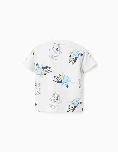 Cotton T-Shirt with Bluey Motif for Babies and Children, White