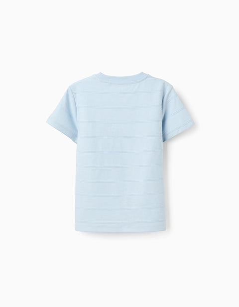 Cotton T-Shirt with Embossed Lines and Pocket for Boys, Light Blue