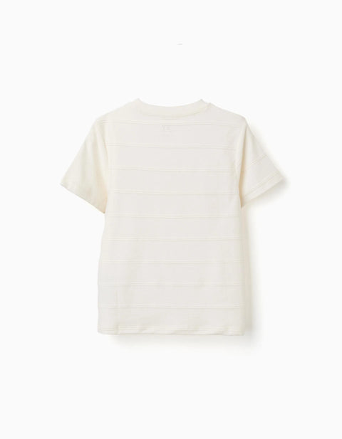 Cotton T-Shirt with Embossed Lines and Pocket for Boys, White