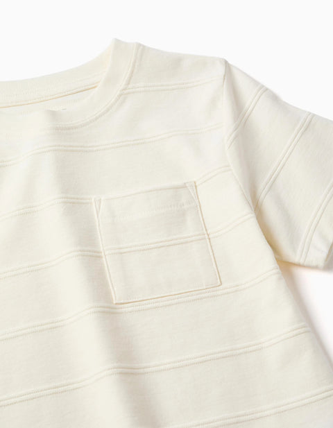 Cotton T-Shirt with Embossed Lines and Pocket for Boys, White