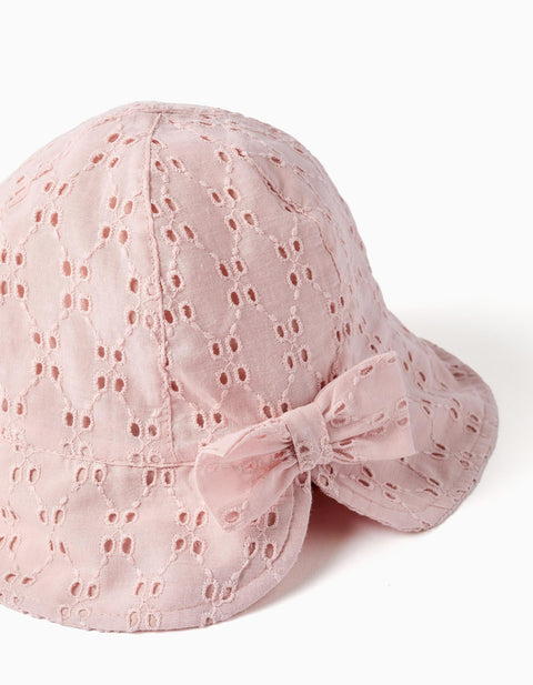 Cotton Hat with Broderie Anglaise for Babies and Girls, Light Pink