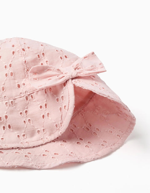 Cotton Hat with Broderie Anglaise for Babies and Girls, Light Pink