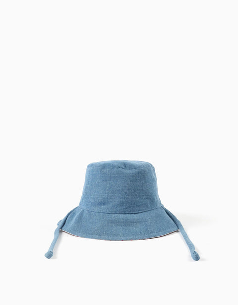 Reversible cotton hat with floral motif for baby girls, blue/white