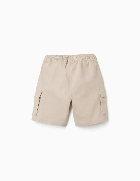 Long Twill Cargo Shorts with Drawstring for Boys, Light Beige