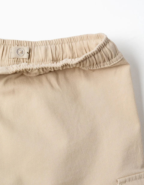 Long Twill Cargo Shorts with Drawstring for Boys, Light Beige