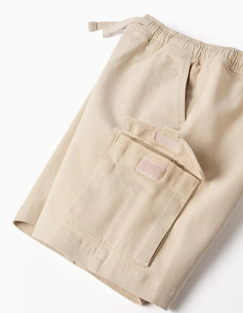 Long Twill Cargo Shorts with Drawstring for Boys, Light Beige