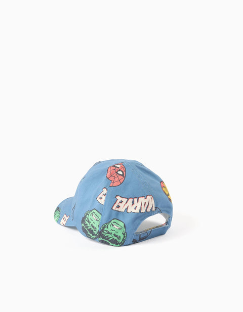 Cotton Twill Cap with Marvel Prints for Babies and Boys, Blue