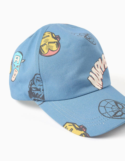 Cotton Twill Cap with Marvel Prints for Babies and Boys, Blue