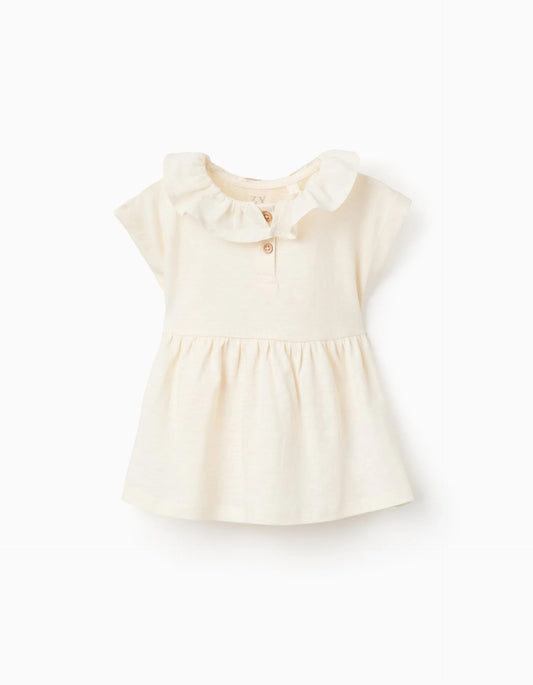 Cotton T-shirt with ruffled collar for baby girls, light beige