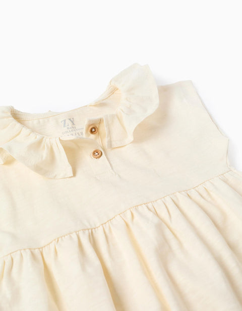 Cotton T-shirt with ruffled collar for baby girls, light beige