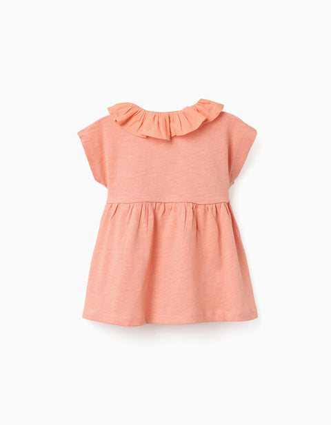 Cotton T-shirt with ruffled collar for baby girls, salmon orange