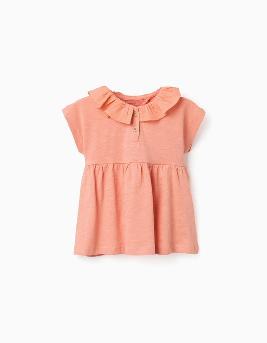 Cotton T-shirt with ruffled collar for baby girls, salmon orange