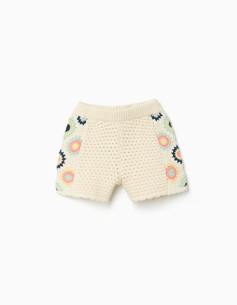 Cotton Knit Shorts with Crochet Flowers for Girls, Light Beige