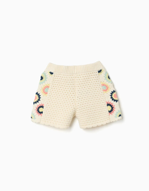 Cotton Knit Shorts with Crochet Flowers for Girls, Light Beige