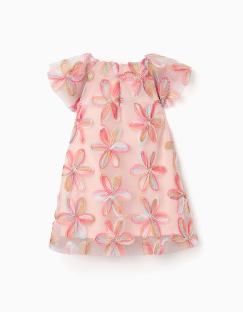 Short sleeve tulle dress with 3D flowers for baby girls, light pink