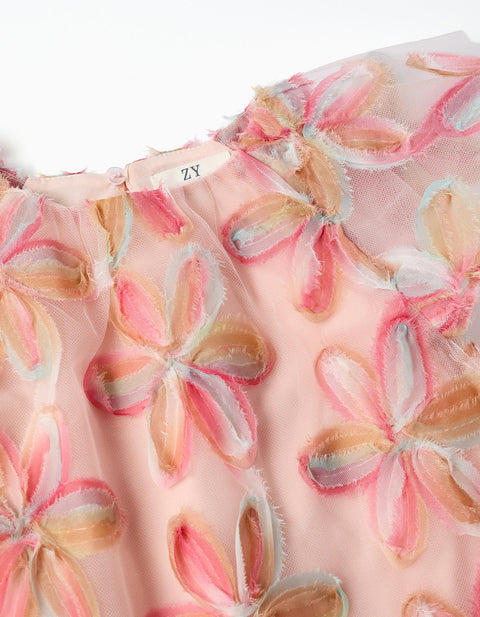 Short sleeve tulle dress with 3D flowers for baby girls, light pink