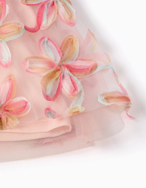 Short sleeve tulle dress with 3D flowers for baby girls, light pink