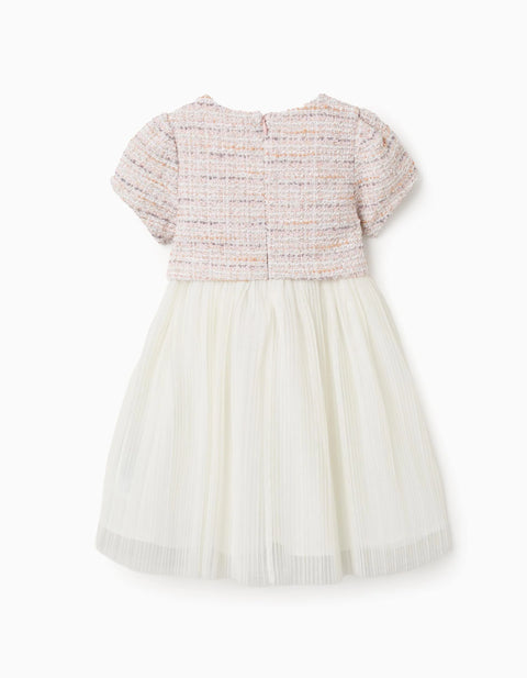 Dual-fabric Short Sleeve Dress in Tweed and Mesh for Baby Girls, Pink