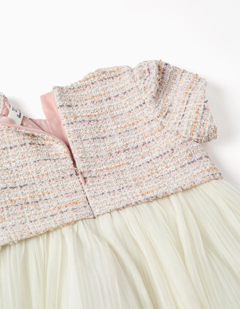 Dual-fabric Short Sleeve Dress in Tweed and Mesh for Baby Girls, Pink