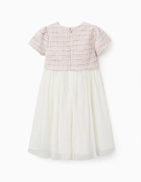Dual-fabric short sleeve dress in tweed and mesh for girls, pink