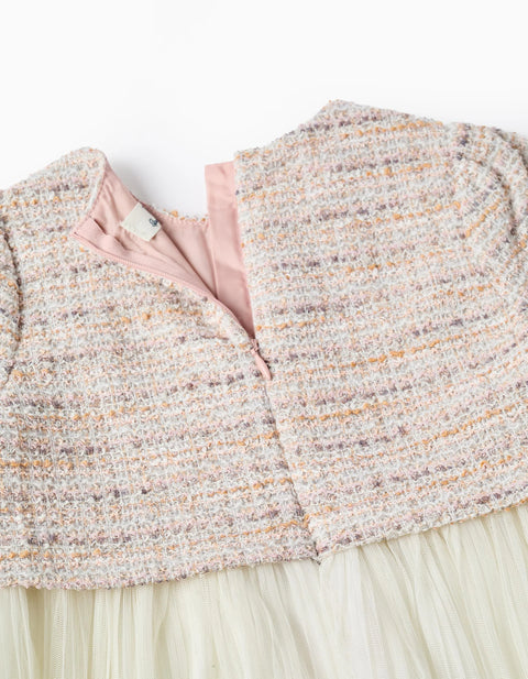 Dual-fabric short sleeve dress in tweed and mesh for girls, pink