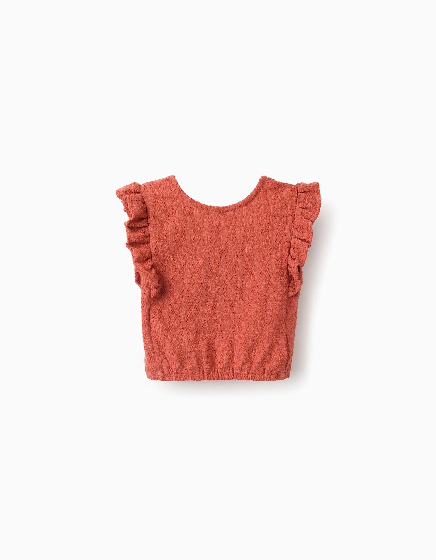 Sleeveless top with broderie anglaise and ruffles for girls, orange