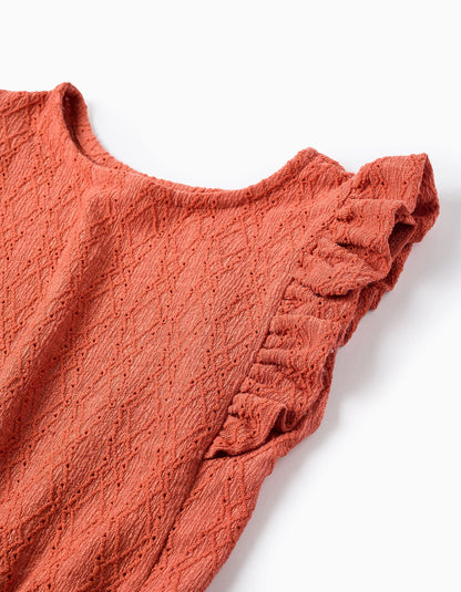 Sleeveless top with broderie anglaise and ruffles for girls, orange