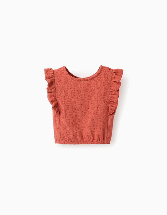 Sleeveless top with broderie anglaise and ruffles for girls, orange