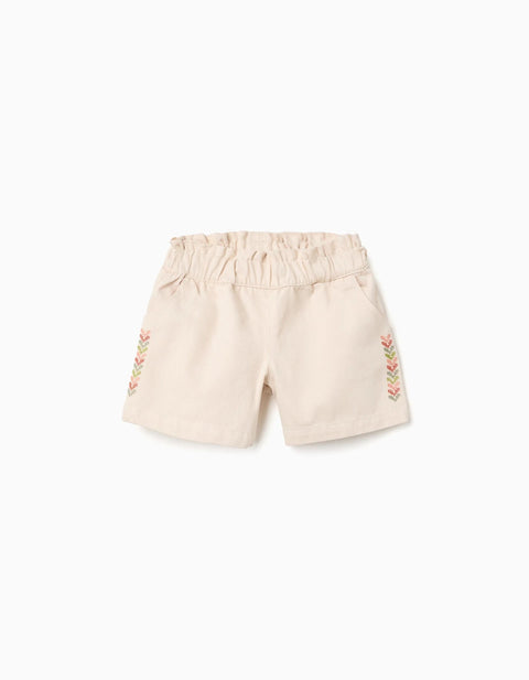 Twill shorts with embroidery and paperbag waist for girls, light beige