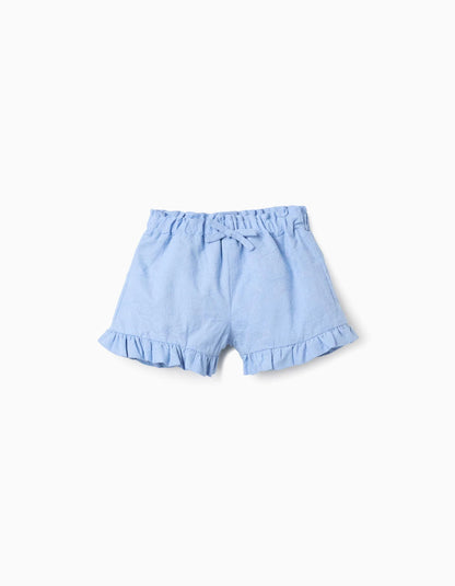 Cotton Shorts with Embroidery and Ruffles for Baby Girls, Light Blue