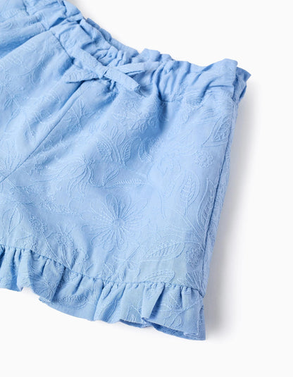 Cotton Shorts with Embroidery and Ruffles for Baby Girls, Light Blue