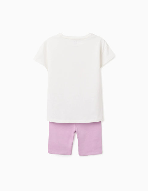 Cotton T-Shirt and Short Leggings Set for Girls, White/Lilac