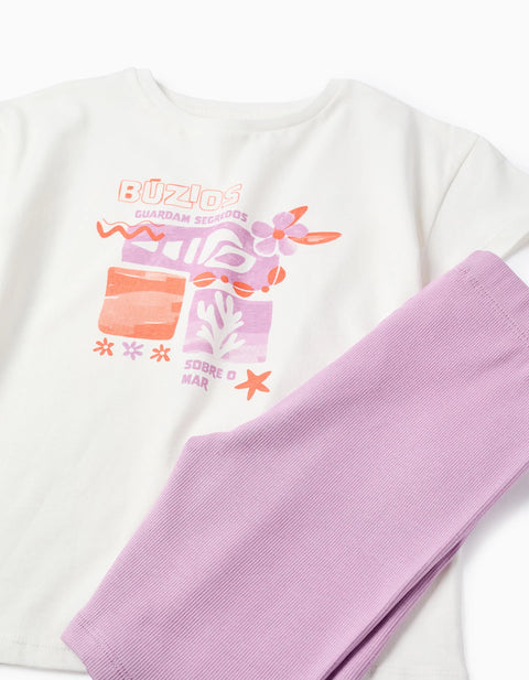 Cotton T-Shirt and Short Leggings Set for Girls, White/Lilac