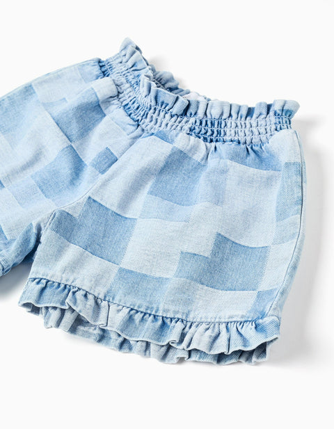 Denim Shorts with Checkered Pattern and Ruffles for Girls, Blue