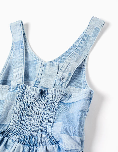 Denim Playsuit with Checkered Pattern and Ruffles for Girls, Blue